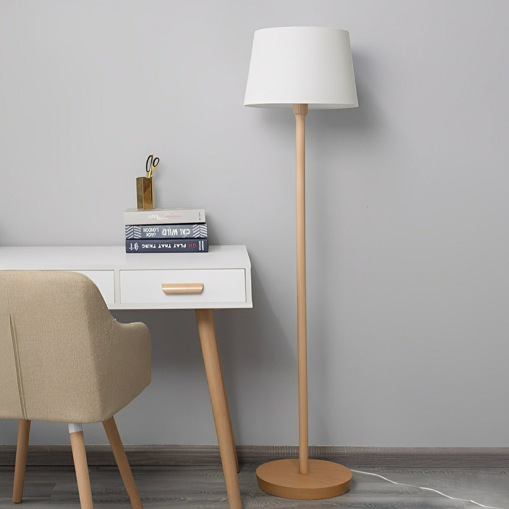 Lampe sur pied LED avec abat-jour en tissu et bois de hêtre moderne