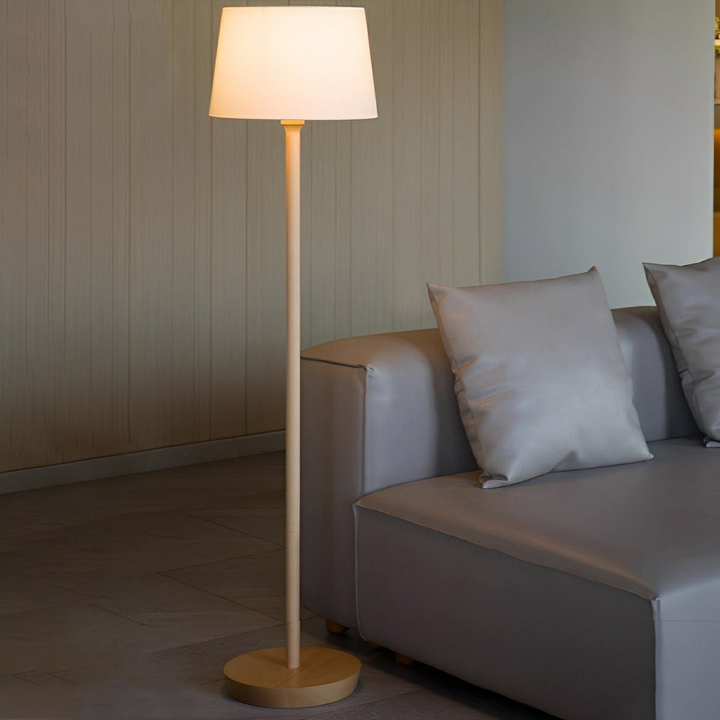 Lampe sur pied LED avec abat-jour en tissu et bois de hêtre moderne