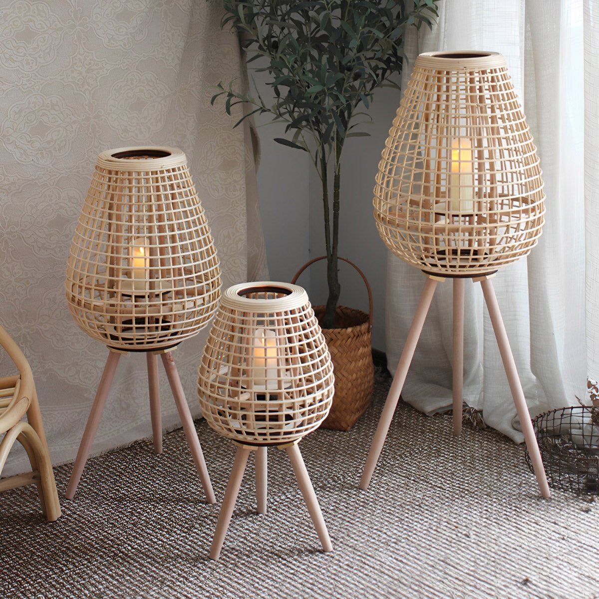 Lanternes de sol en rattan LED faites à la main vintage