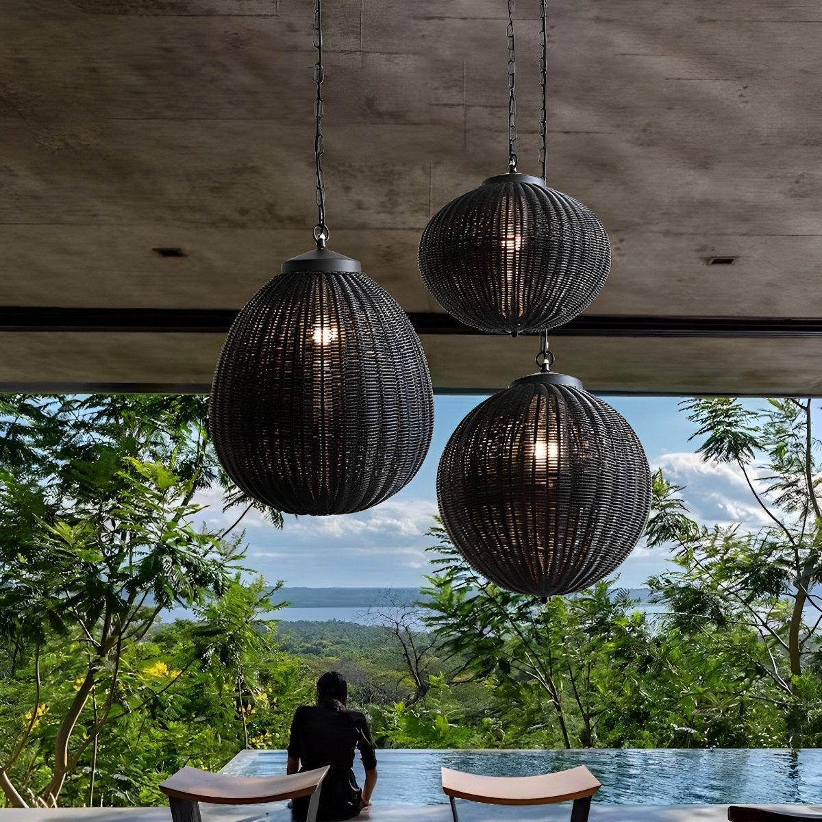 Lampes suspendues étanches en rotin rond pour l'extérieur