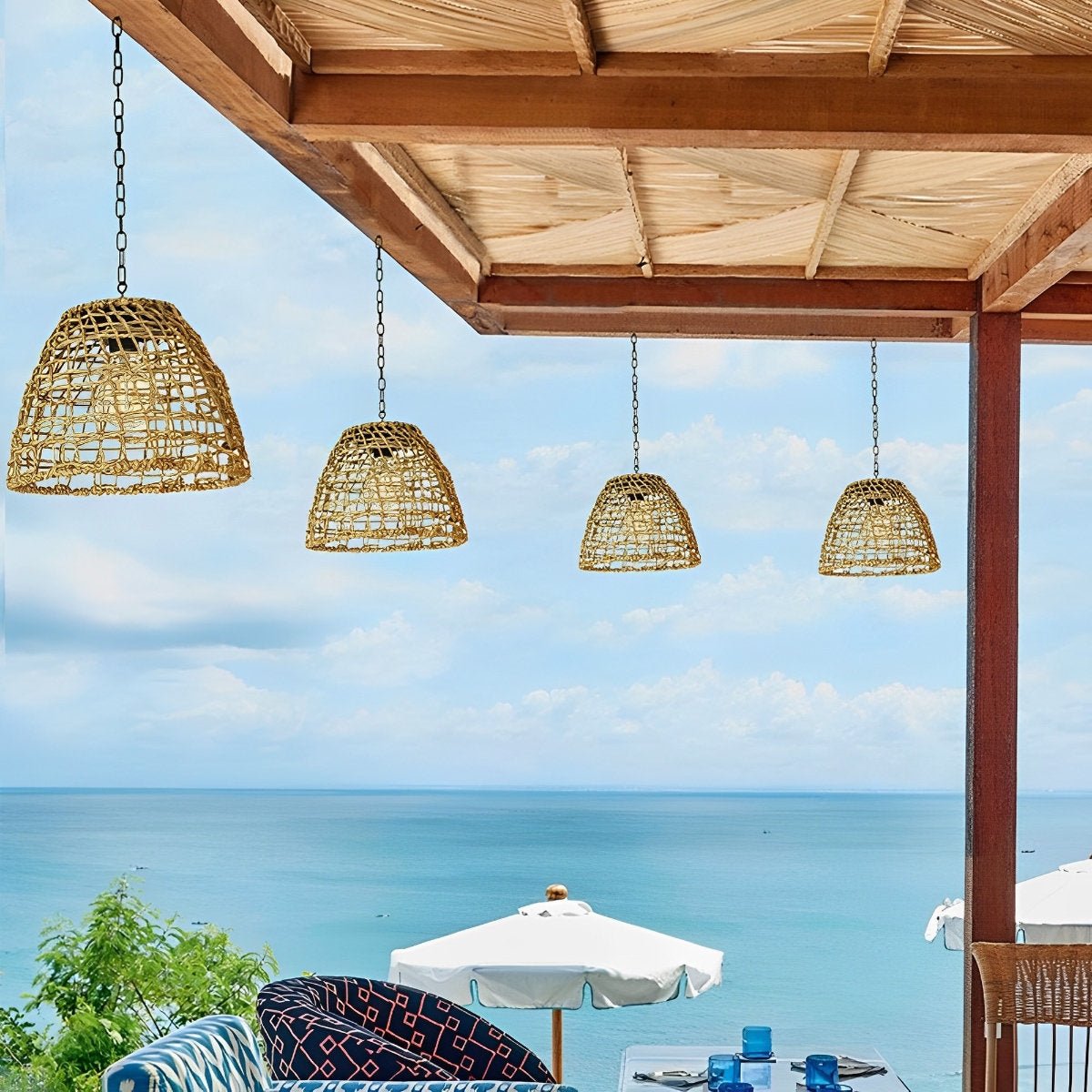 Lanternes Suspendues Étanches Solaire en Rattan pour Extérieur